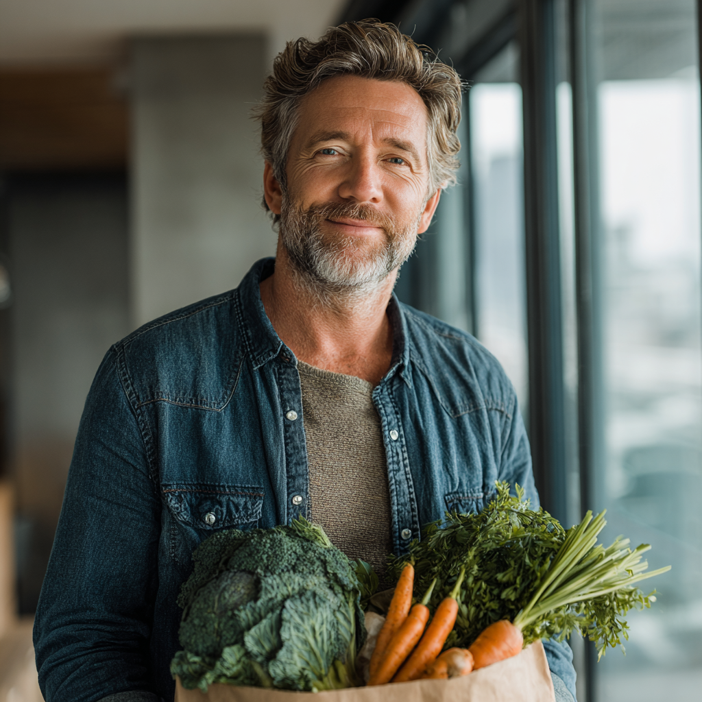 Confident middle-aged man around 50 years old in casual attire holding fresh groceries and vegetables, standing in bright modern kitchen with natural lighting