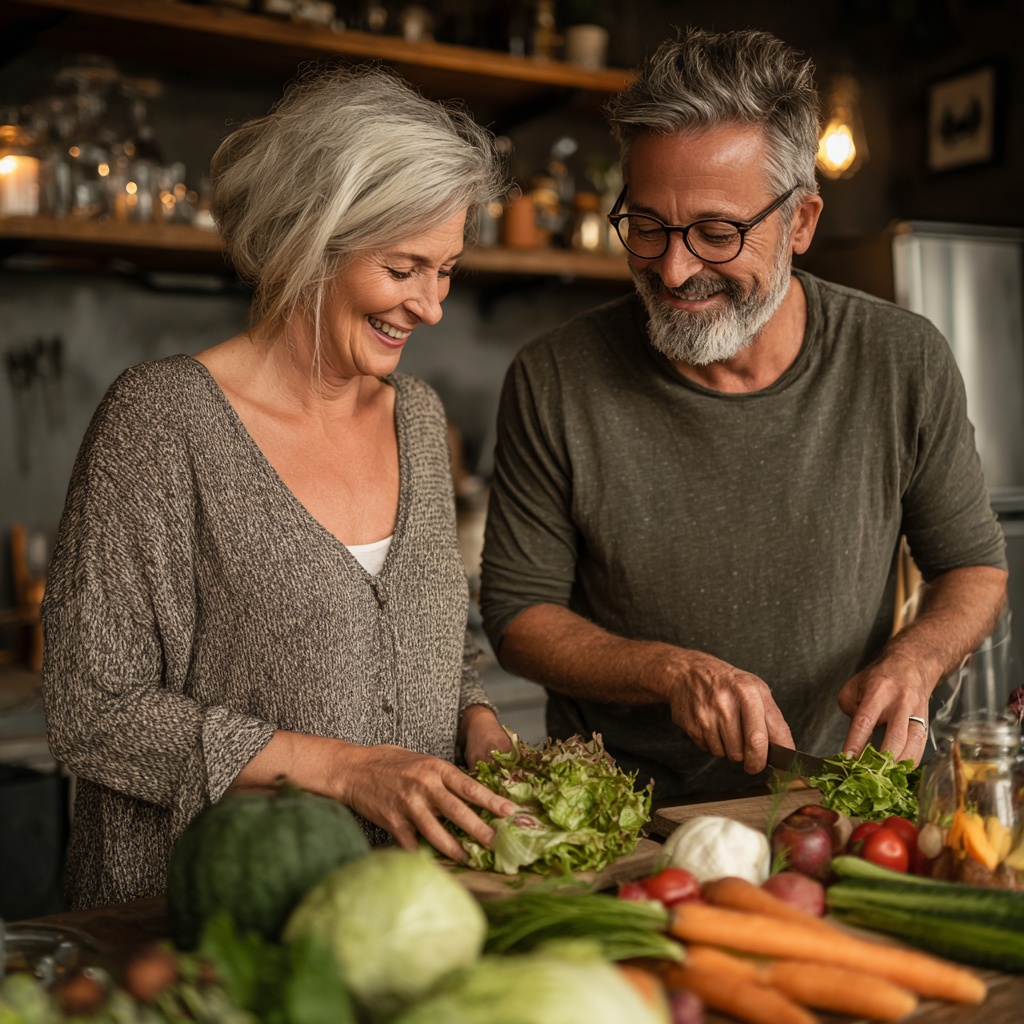 Happy middle-aged woman and man in their 50s preparing healthy salad together in modern kitchen, smiling while organizing fresh vegetables and fruits on counter