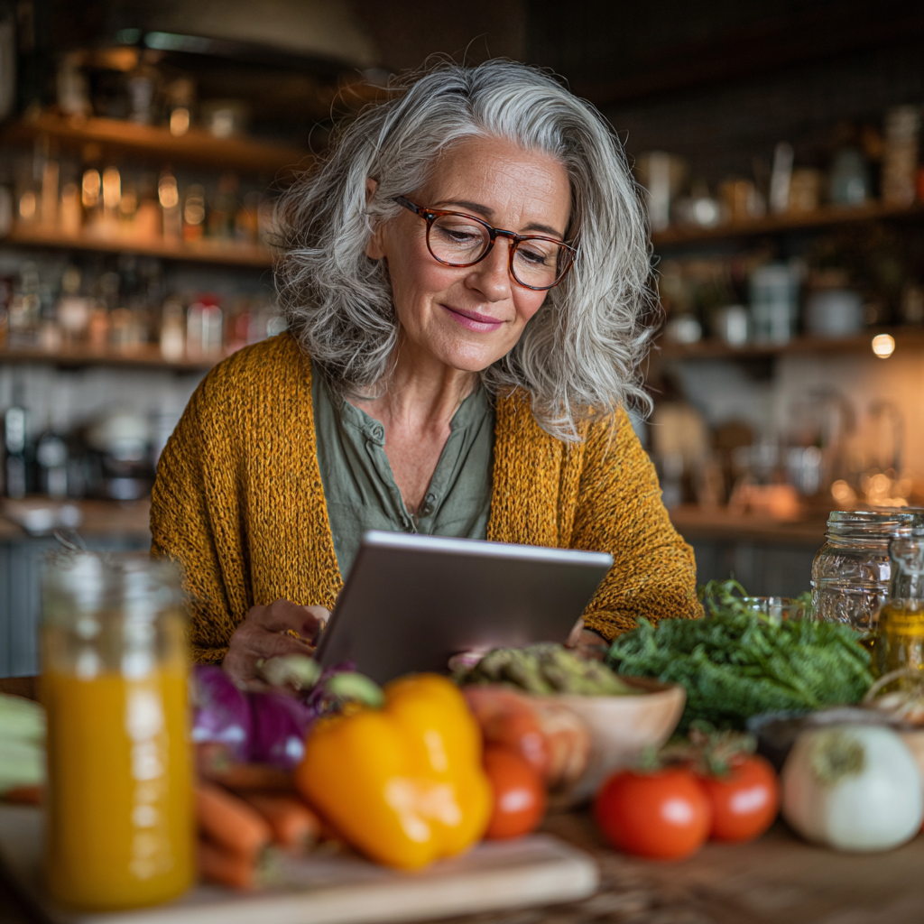 Mature woman in her late 40s using tablet device at dining table with healthy meal preparation ingredients, reviewing nutrition plan with satisfied expression
